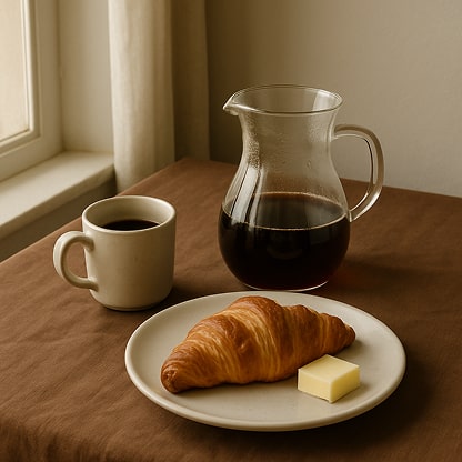 a breakfast scene with coffee and croissant