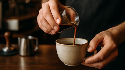 hands of barista pouring an espresso shot into ceramic cup