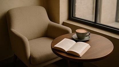 a quiet cafe corner with a wooden table and a chair