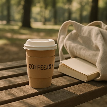 a takeaway cup with a kraft sleeve placed on a woodeen bench