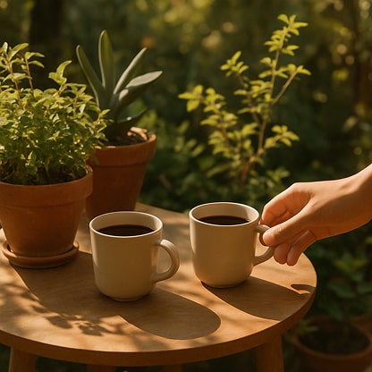 two coffee cups on a small round table